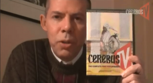 Dave Sim holds the mock up for CerebusTV DVD
